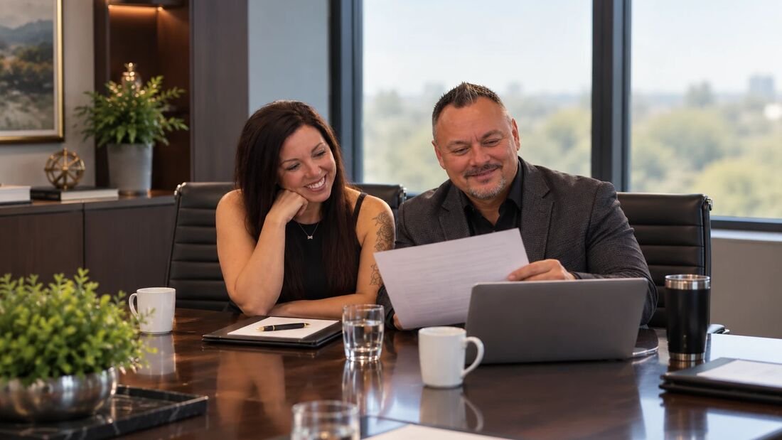 Nate Hall going over paperwork with a smiling family around a conference table